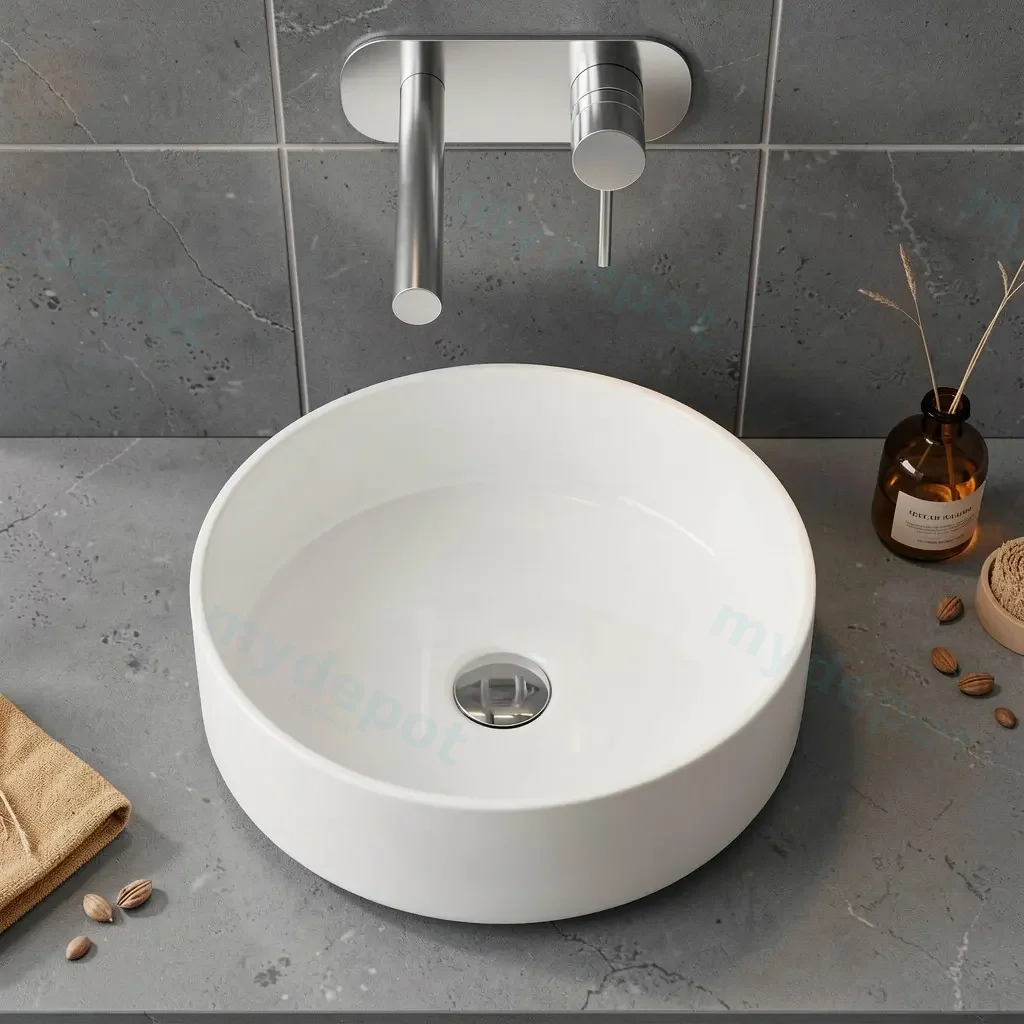 [90188/AC3636R] 360x360x120mm Round Gloss White Ceramic Above Counter Basin Non-overflow