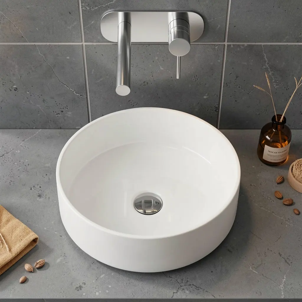360x360x120mm Round Gloss White Ceramic Above Counter Basin Non-overflow