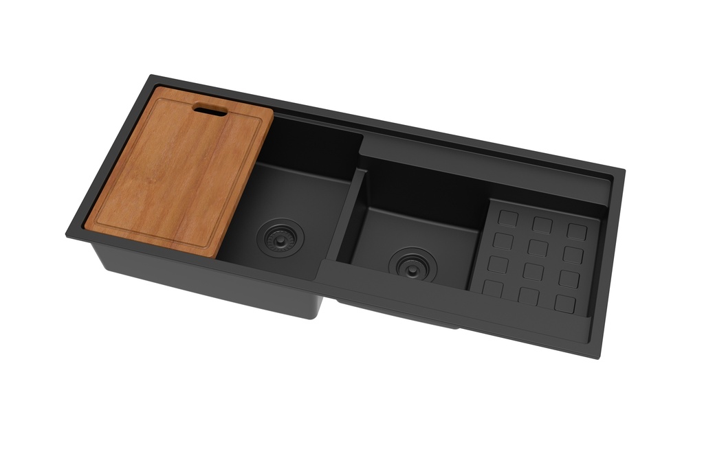 Size:1160*500*225mm Bowl Size:430*523*225mm+300*299*225mm Matte Black Gabrio Granite Sink With Work Station