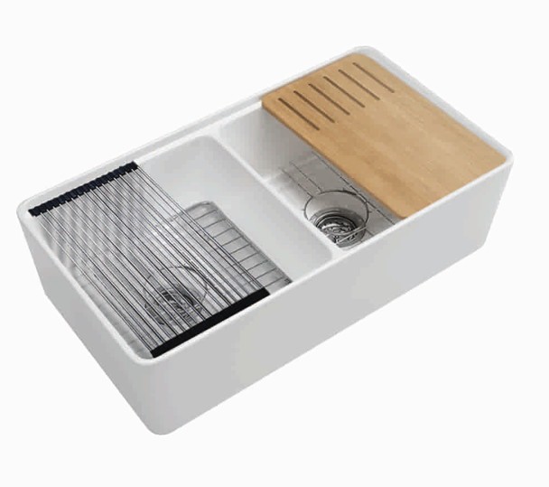 Size:835*508*255mm Gloss White Orta Fine Fireclay Farmhouse Sink With Work Station Doulle Bowl Grid, Waste,Rolling Mat,And Bamboo Cutting Board Included
