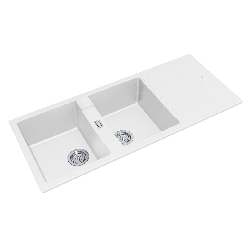 White Granite Quartz Stone Kitchen Sink Double Bowls Drainboard Top/Undermount 1160*500*200mm
