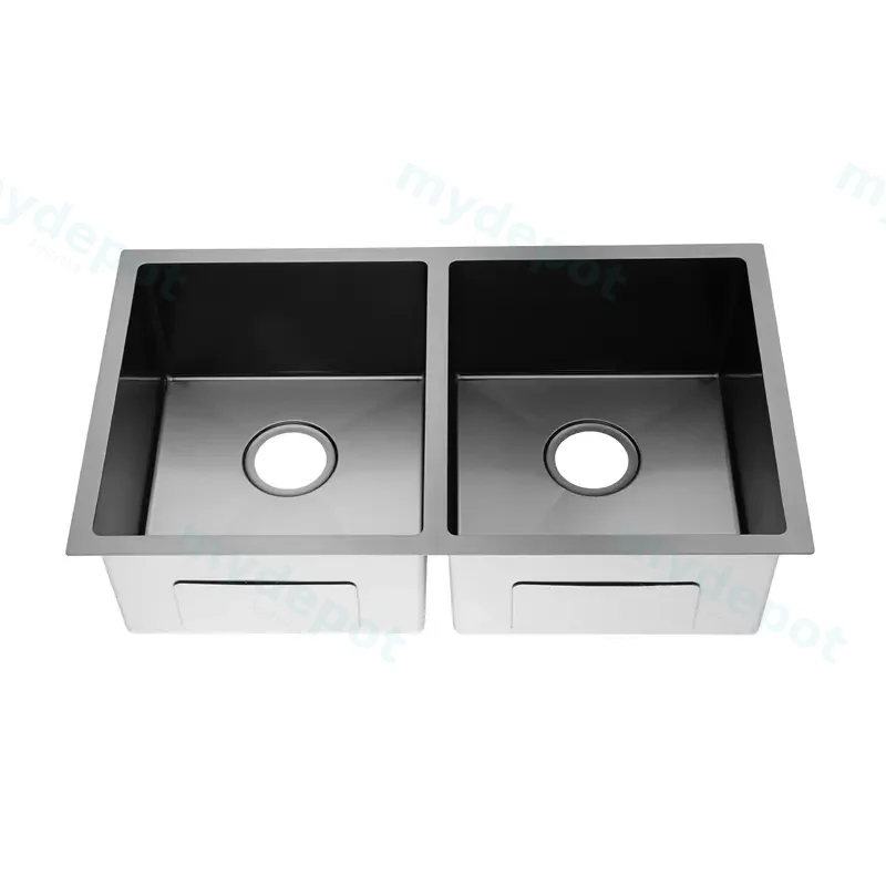 Round Corner Dark Grey Stainless Steel Handmade Double Bowl Kitchen Sink 770*450*215mm(With Dark Grey Waste)