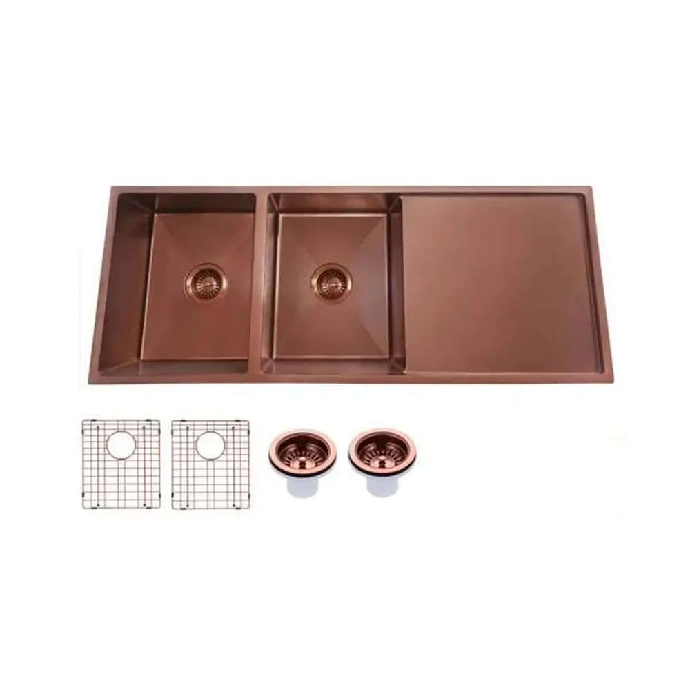 Round Corner Stainless Steel Copper PVD Coating Double Bowl With Drain Board Kitchen Sink(With Bottom Grid) 1160*460*230mm