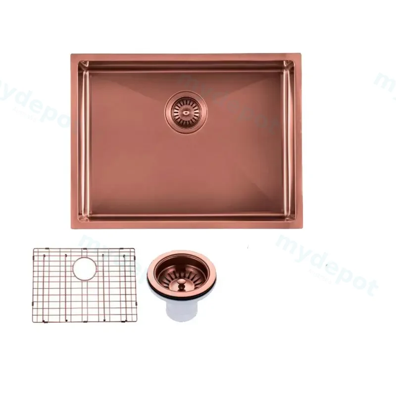 Round Corner Stainless Steel Copper PVD Coating Single Bowl Kitchen Sink(With Bottom Grid) 600*450*230mm