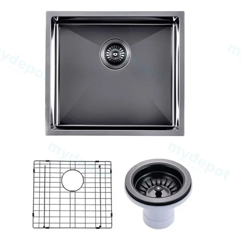 (C-500 Black)Round Corner Stainless Steel Gun Metal Grey PVD Coating Single Bowl Kitchen Sink(With Bottom Grid) 500*440*230mm