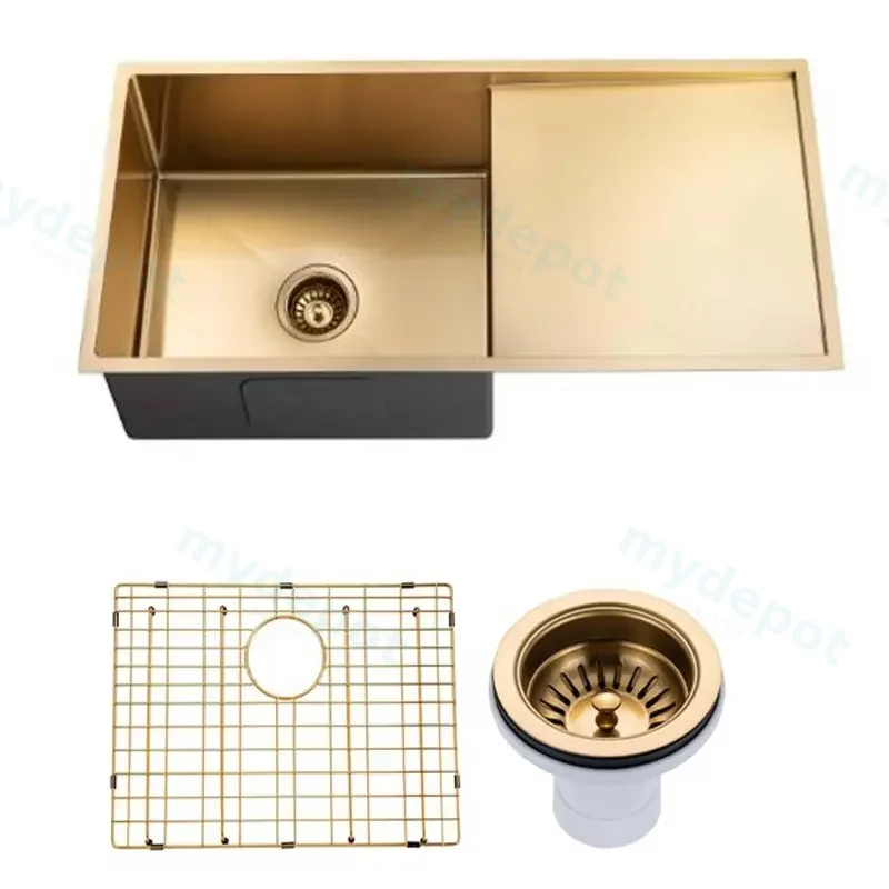 (C-960 Gold)Round Corner Stainless Steel Brushed Brass PVD Coating Single Bowl With Drain Board Kitchen Sink(With Bottom Grid) 960*450*230mm