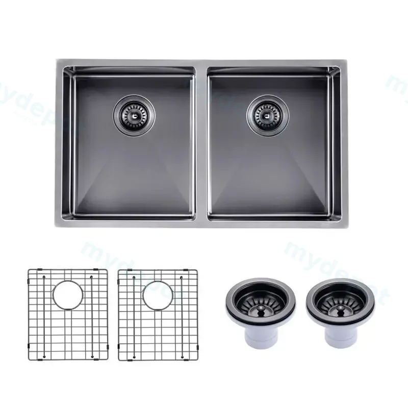 (C-770 Black)Round Corner Stainless Steel Gun Metal Grey PVD Coating Double Bowl Kitchen Sink(With Bottom Grid) 770*450*215mm