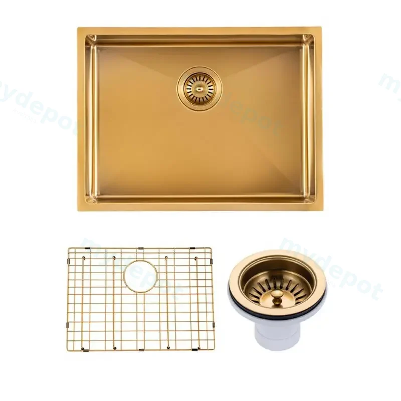 (C-600 Gold)Round Corner Stainless Steel Brushed Brass PVD Coating Single Bowl Kitchen Sink(With Bottom Grid) 600*450*230mm