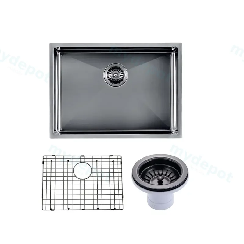 (C-600 Black)Round Corner Stainless Steel Gun Metal Grey PVD Coating Single Bowl Kitchen Sink(With Bottom Grid) 600*450*230mm