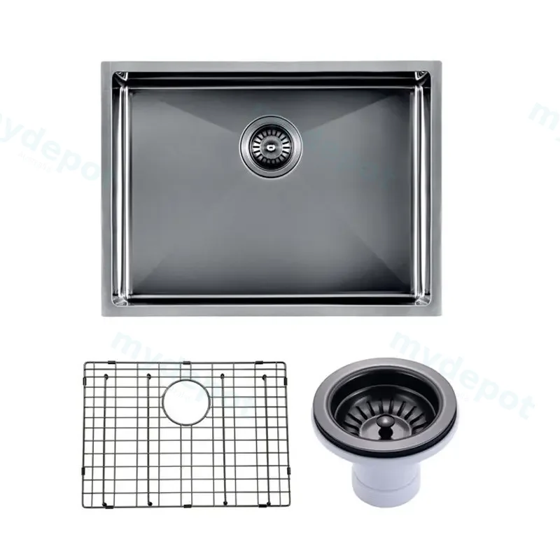 (C-600D Black)Round Corner Stainless Steel Gun Metal Grey PVD Coating Single Bowl Kitchen Sink(With Bottom Grid) 600*450*300mm