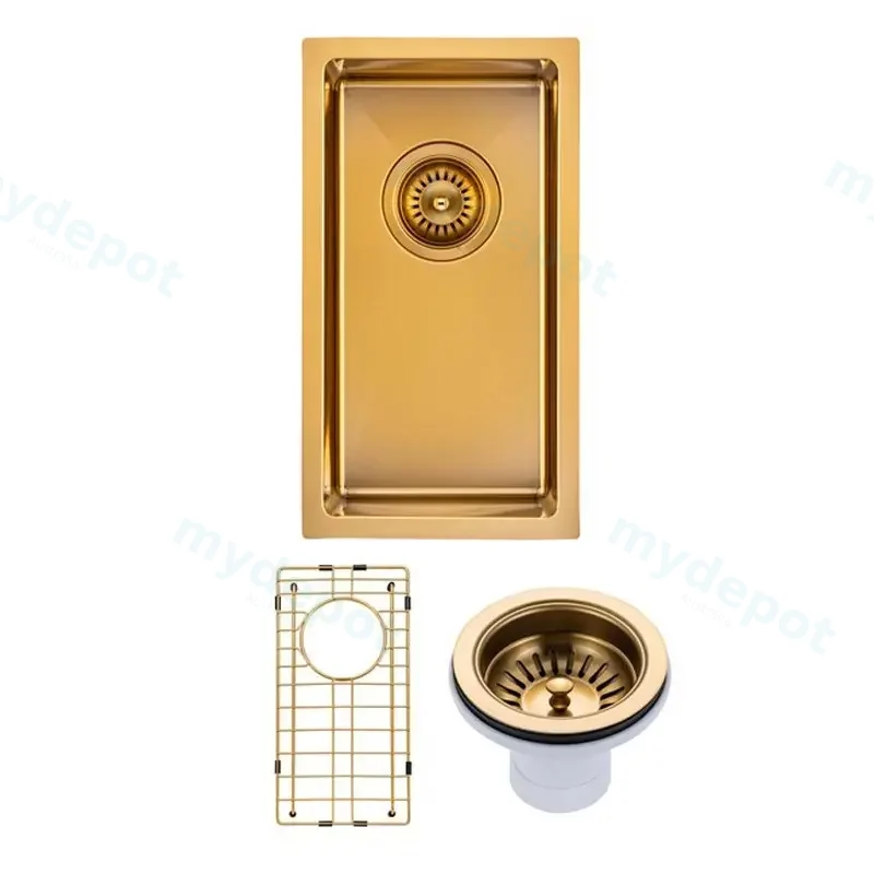 (C-250 Gold)Round Corner Stainless Steel Brushed Brass PVD Coating Single Bowl Kitchen Sink(With Bottom Grid) 250*450*215mm