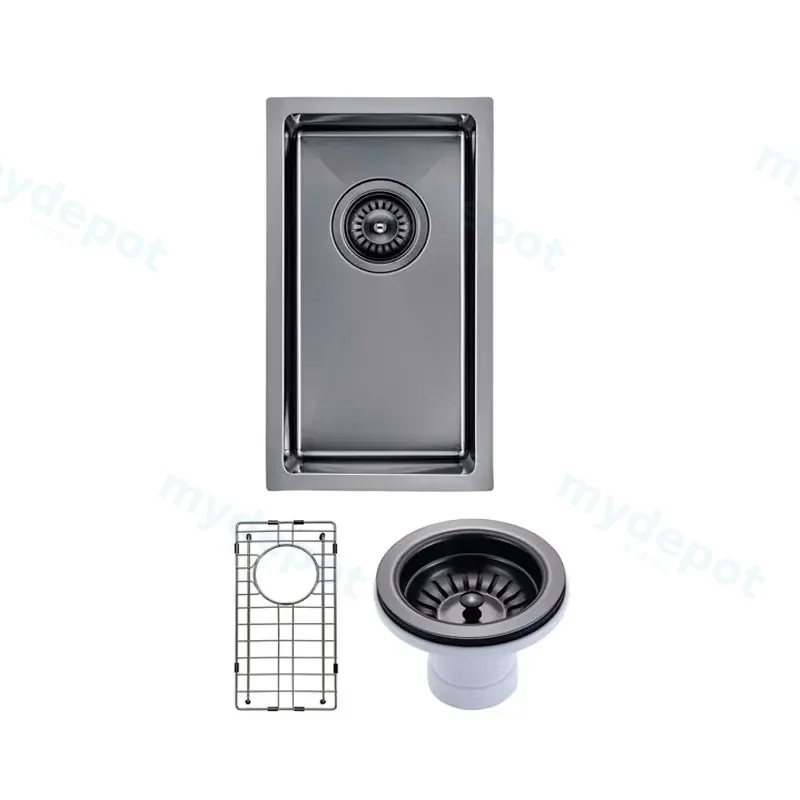 (C-250 Black)Round Corner Stainless Steel Gun Metal Grey PVD Coating Single Bowl Kitchen Sink(With Bottom Grid) 250*450*215mm