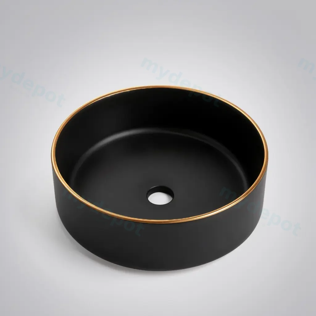 360*360*125mm Matte Black With Gold Rim Above Counter Basin(32mm Nonoverflow)