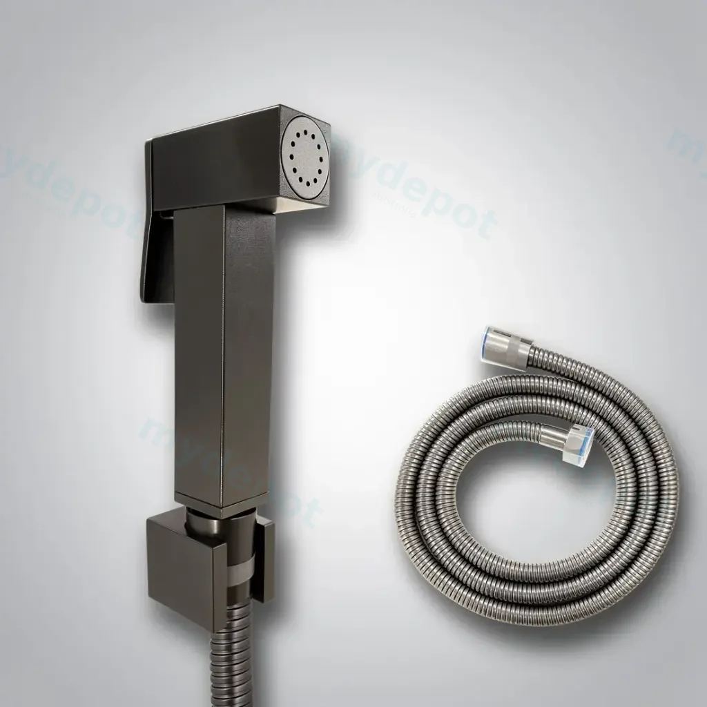 Square Gun Metal Grey Brass Toilet Bidet Spray Kit With Stainless Steel Hose