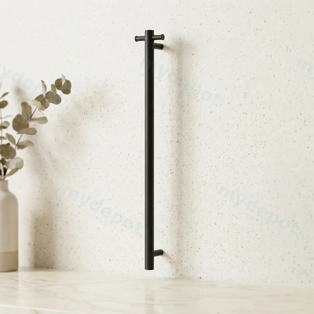 Round Vertical Matte Black Electric Heated Towel Rack Single Bar