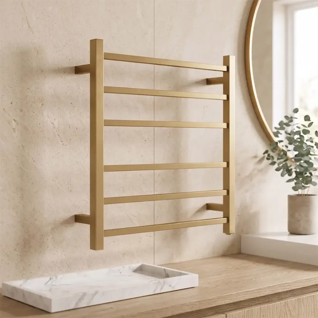Square Brushed Brass Electric Heated Towel Rack 6 Bars