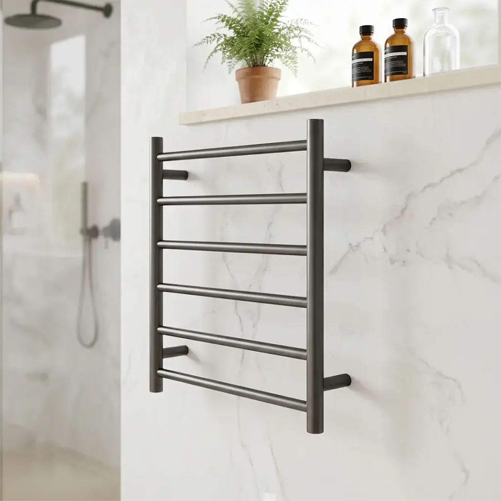 Round Brushed Gun Metal Grey Electric Heated Towel Rack 6 Bars